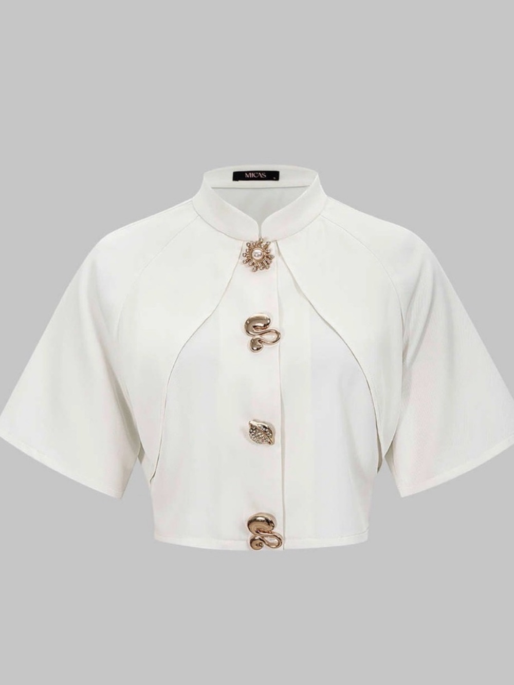 Commense White Short-Sleeve Crop Jacket with Decorative Closures